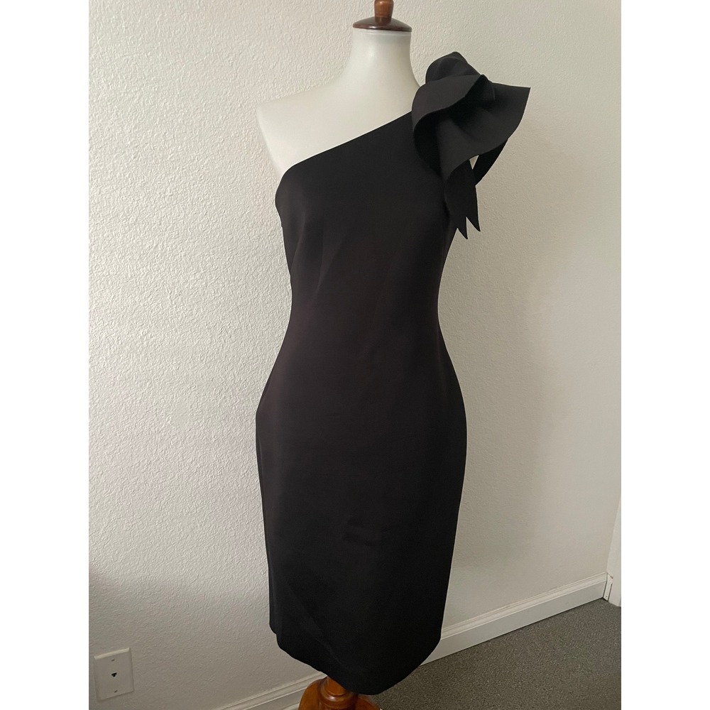 Eliza J One Shoulder Scuba Crepe Cocktail Dress Women 8 Black Ruffle Sheath